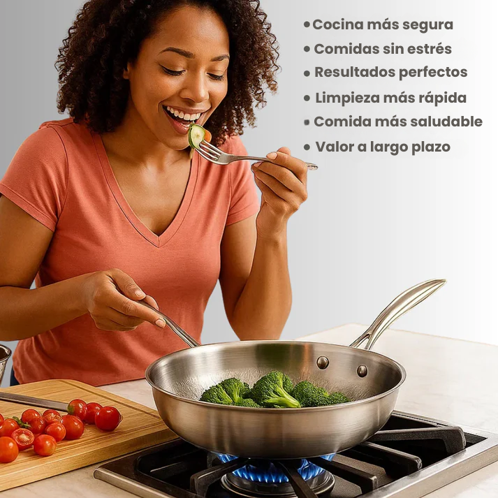 TitanioHV – Sartén de Titanio Puro Antiadherente sin Recubrimientos ni Químicos + Espátula de Titanio GRATIS